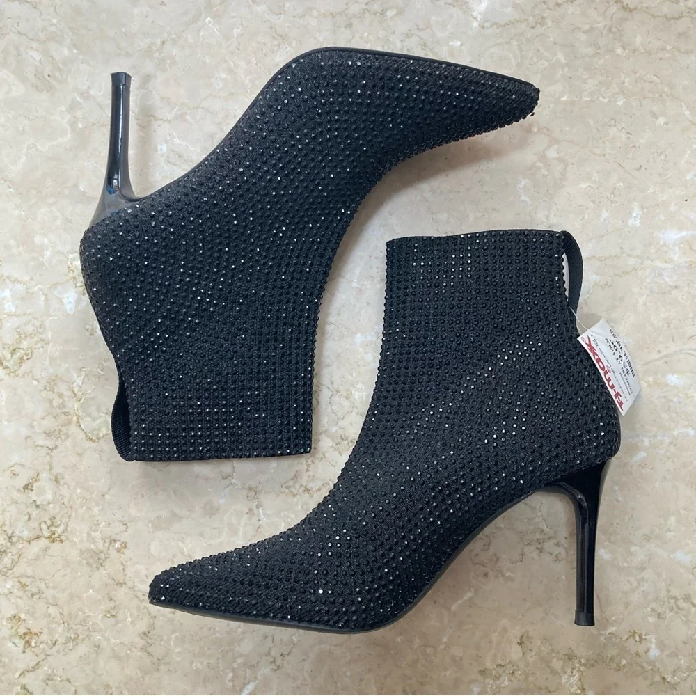 NWT Steven by Steve Madden Black Rhinestone Stiletto Heeled Ankle Boots, Size 6